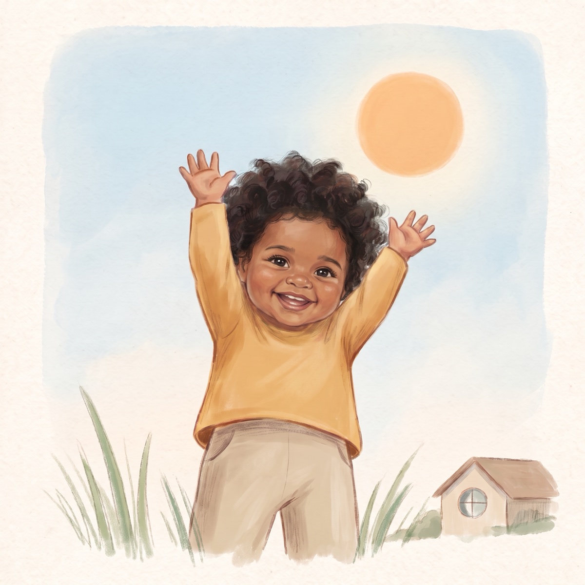 The same toddler stretching both arms up toward a big orange sun