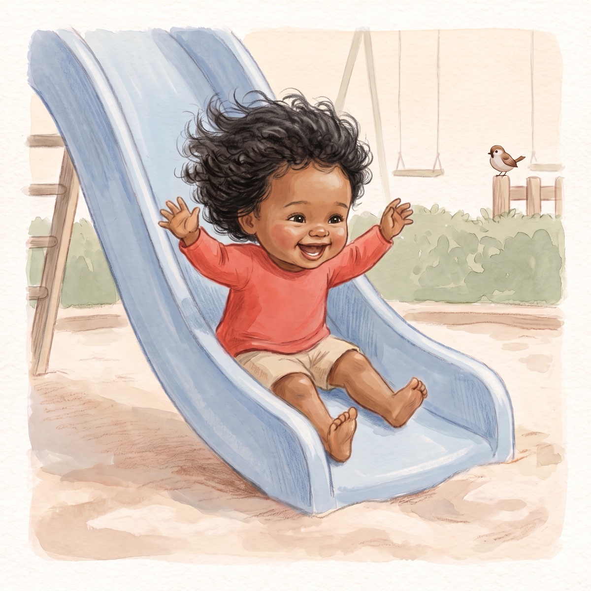 The same toddler whooshing down a blue slide, hair flying, laughing