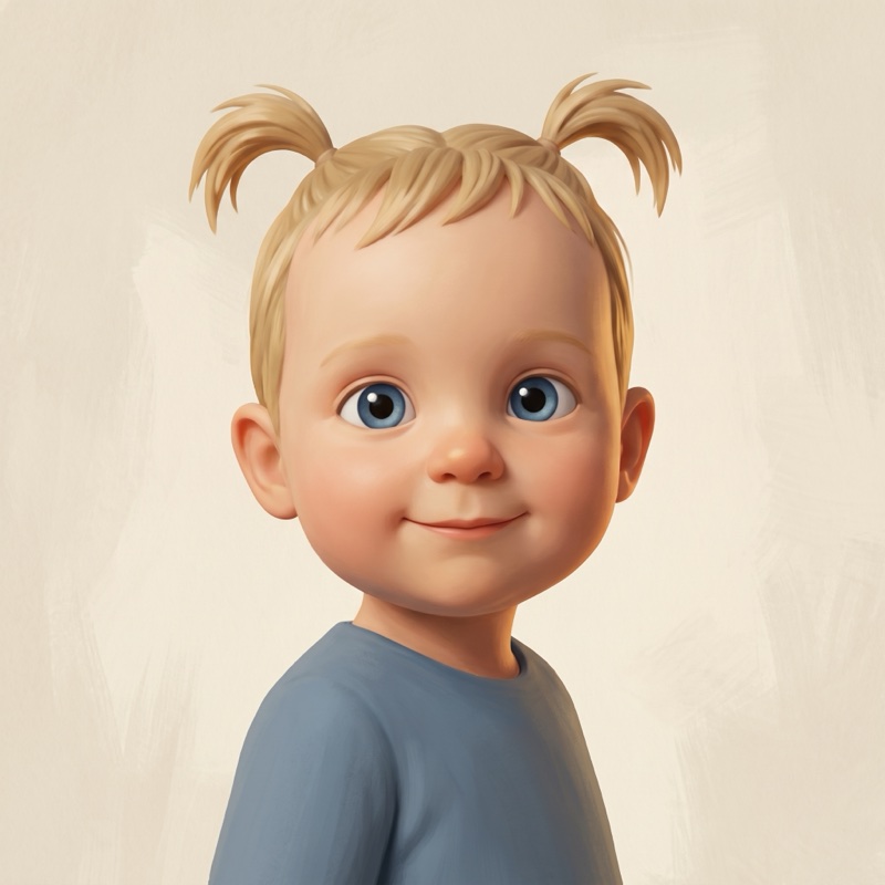The same toddler drawn as a sculpted, toy-like character
