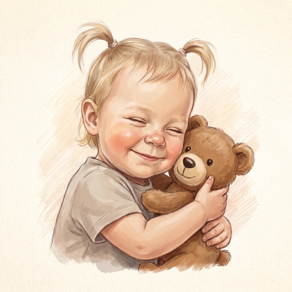 The same toddler hugging a teddy bear in a bedtime story