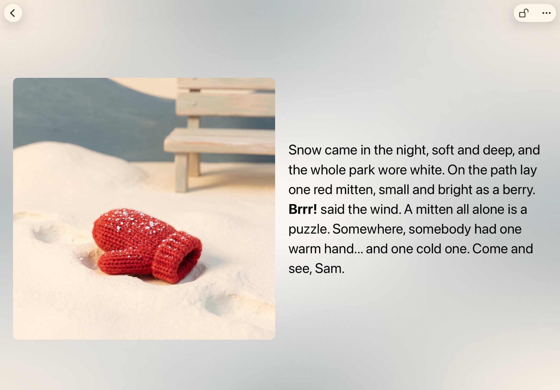 A story open on an iPad: a painted page on the left and the words on the right, ending with the child's name