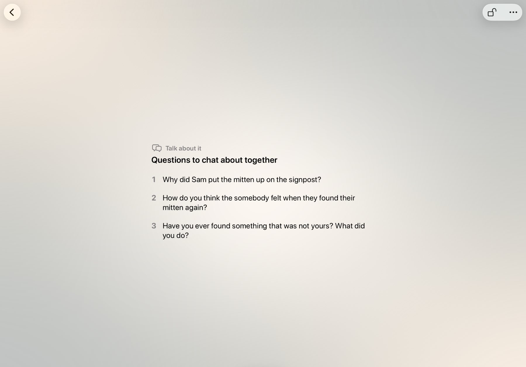The Talk about it page at the end of a story, with three questions to ask each other